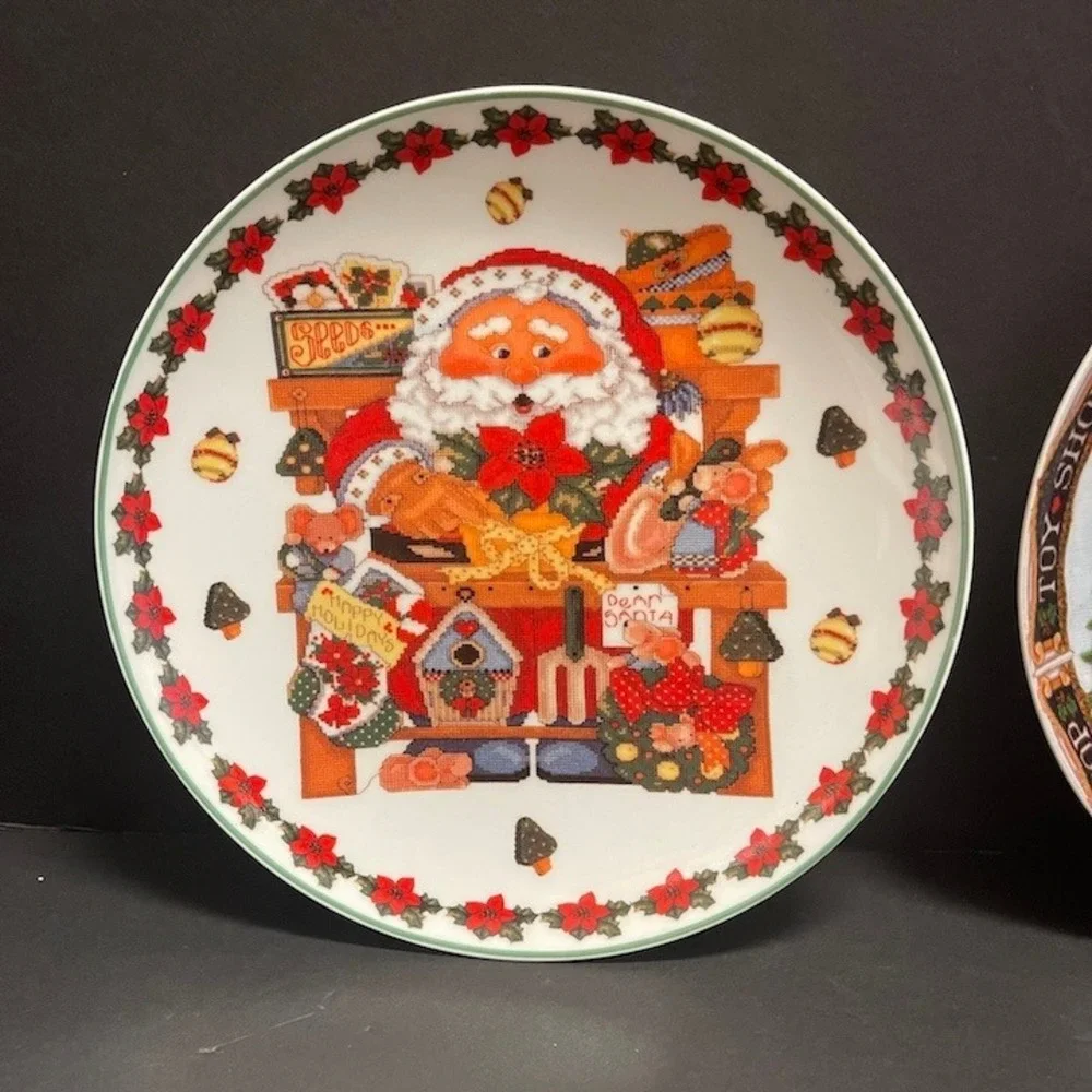 Lillian Vernon Christmas Plates Set 2 Santa Toy Shop Cross Stitch Style 7.5 in